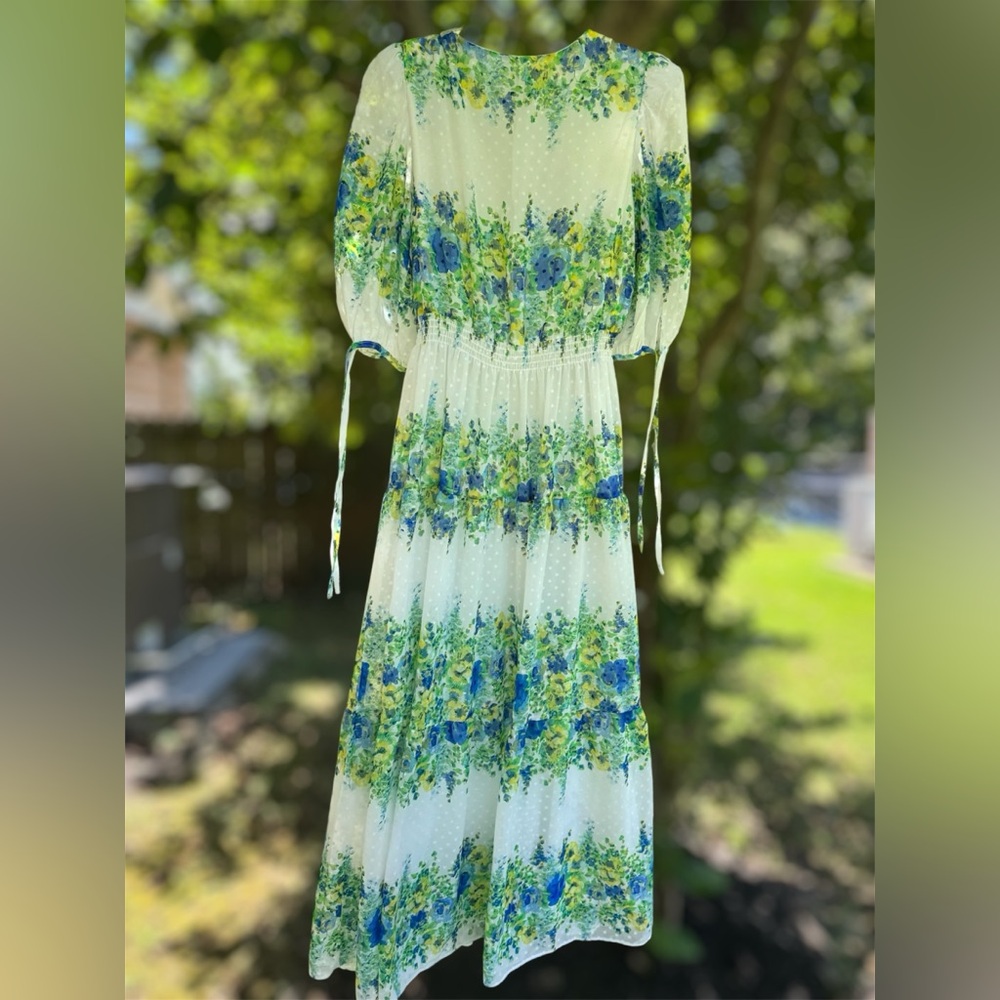 Taylor Floral Blue and Green Maxi V Neck Dress with Sheer Polka Dot Womens 10 - Picture 3 of 4